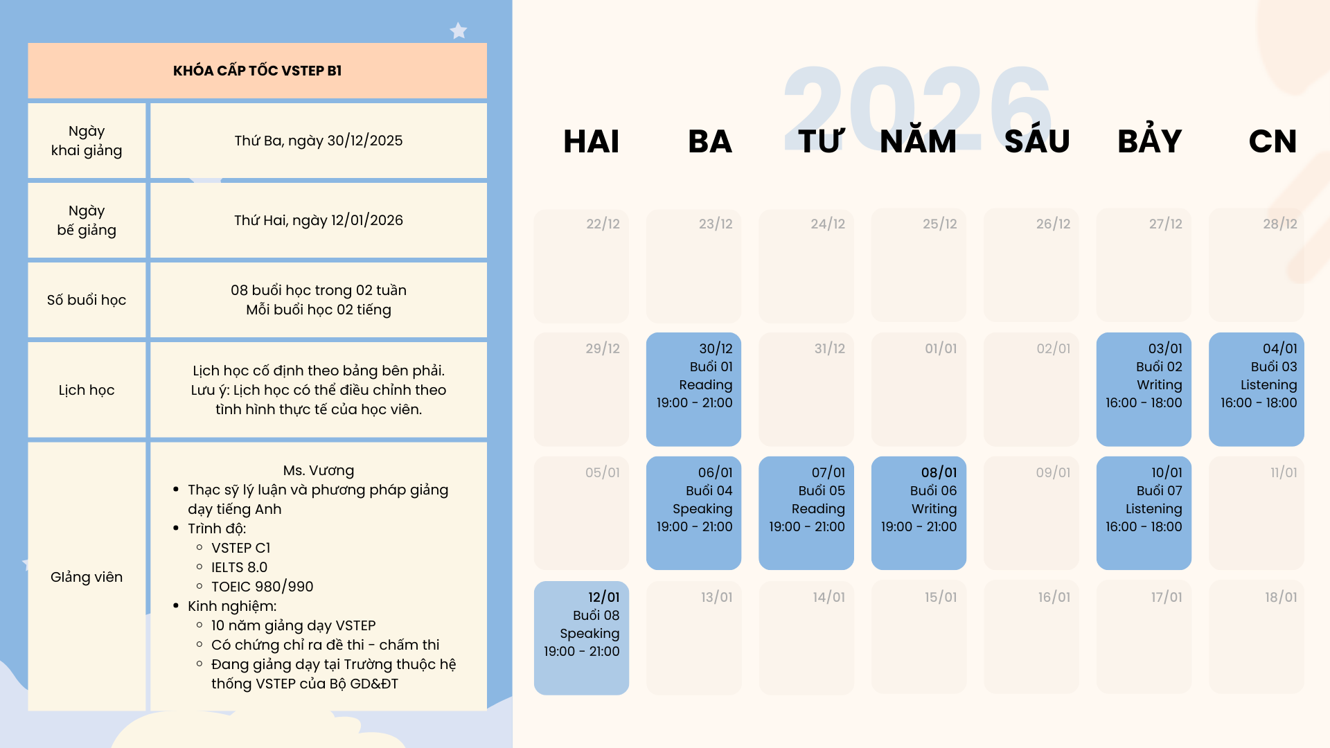 Lịch học khóa học VSTEP cấp tốc B1